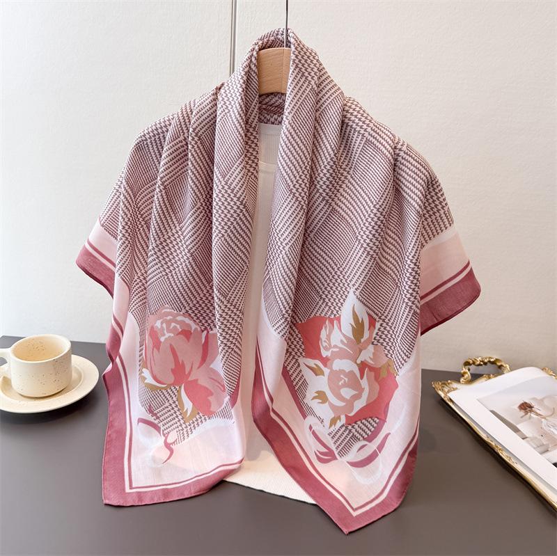 Small Fragrant Plaid Imitation Silk Large Square Scarf Retro Printing Shawl Neck Silk Scarf Herringbone Pattern Women'S Scarf Headscarf
