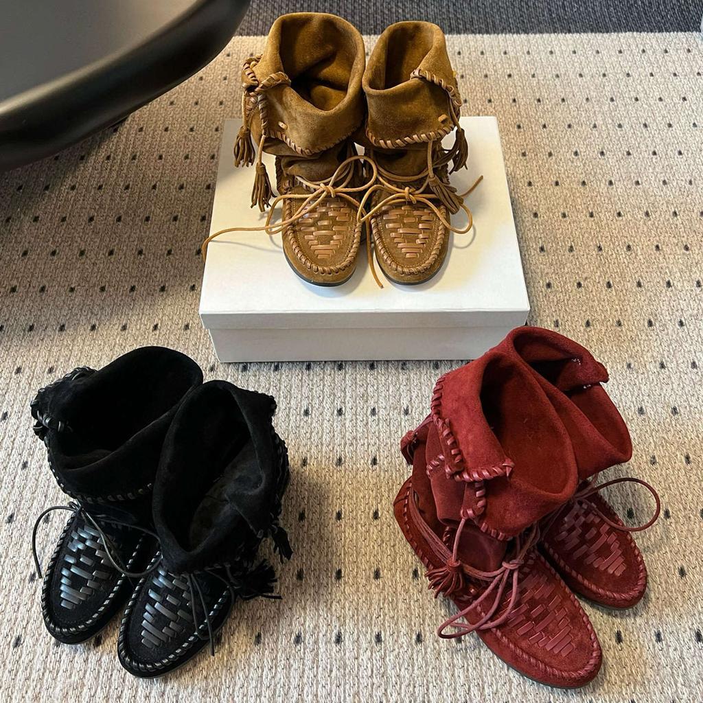 2025 Autumn New Strap Fringed Boots Women's Retro Woven Flat-bottomed Comfortable Medium Boots Fashionable Western Stacking Boots