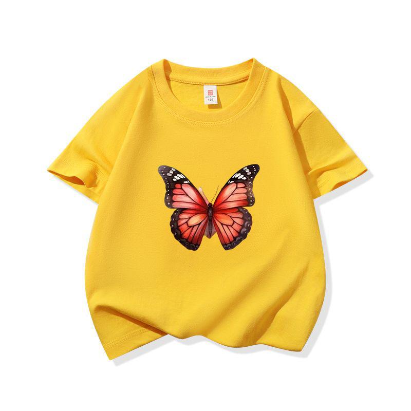 Kids Cotton T Shirt Red Monarch Butterfly Print Crew Neck Short Sleeve Tee Casual Boys Girls Summer Tops 100