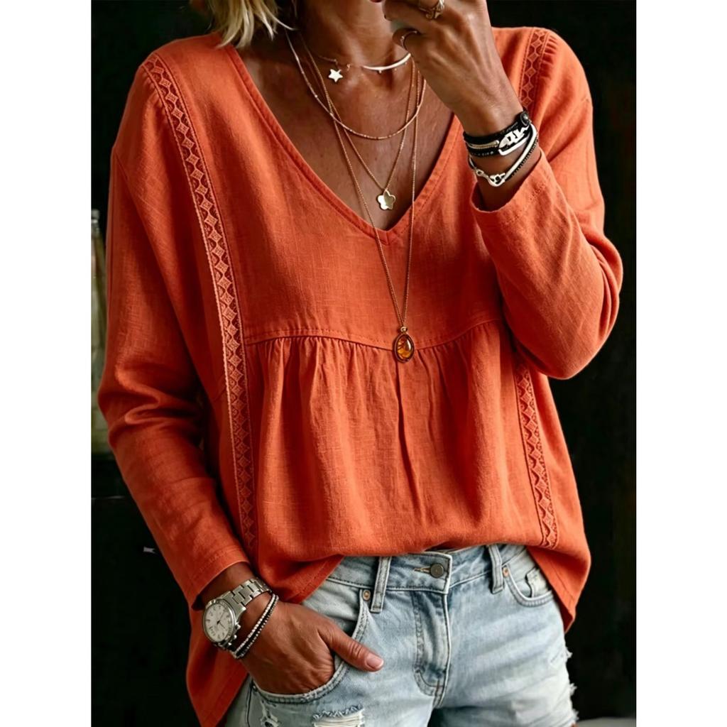 New autumn women's lace V-neck pullover solid color casual long-sleeved top