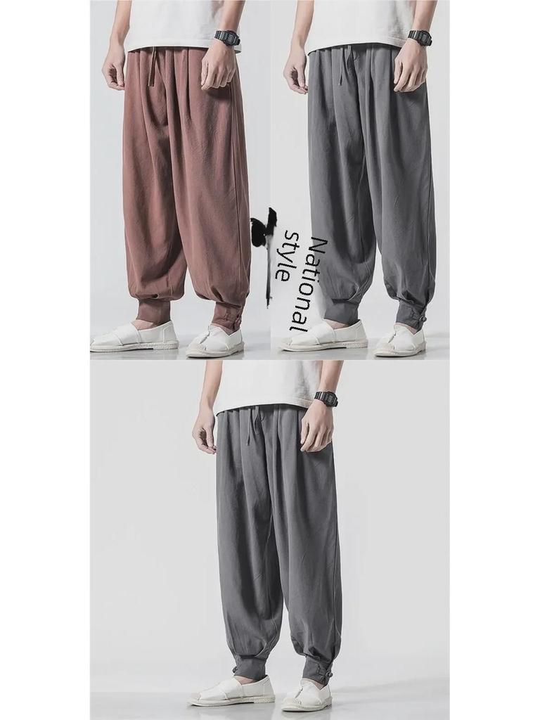 Cotton-Linen Loose Monk Pants: Lay Buddhist Meditation Pants, Spring & Summer Long Pants with Hem