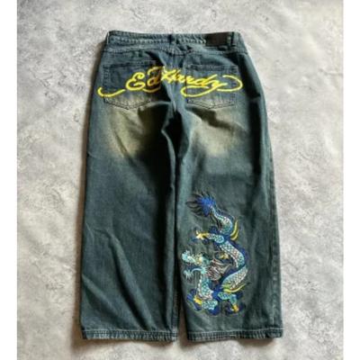 Jeans Pantalon Décontracté Ample et Élégant Broderie Crâne Rétro Européen et Américain High Street Hip-hop Oldschool