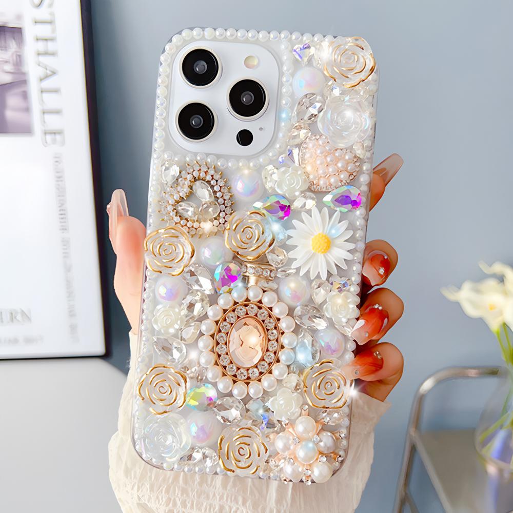 Glitter Bling Floral Phone Case For VIVO V50 Lite Pro V50E V29E V40E V30E V27E 4G 5G 3D Rose Pearl Rhinestone Cover Girls Gift