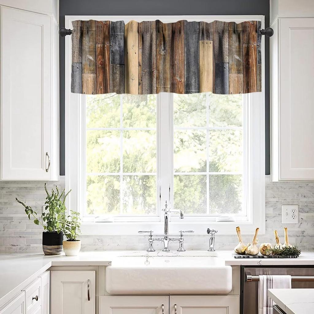 JESTRONRY Rustic Farmhouse Valance Curtain, Retro Barn Wood Antique Brown Grey Farm Wooden Planks Curtains Treatments for Bedroom Living Room Kitchen