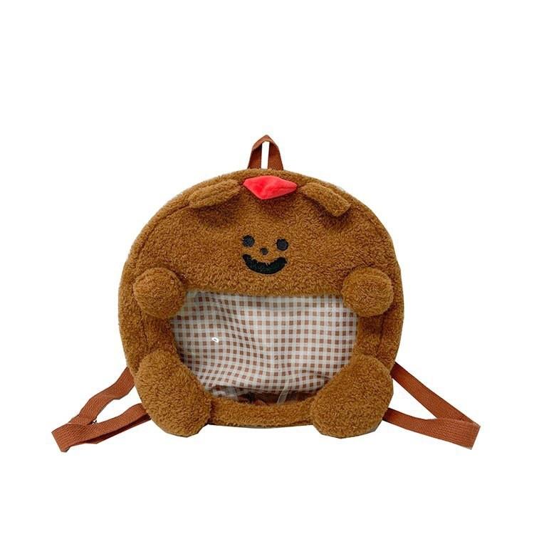 Furry And Cute Bear Plush Backpack With Transparent Layer For Carrying Badges