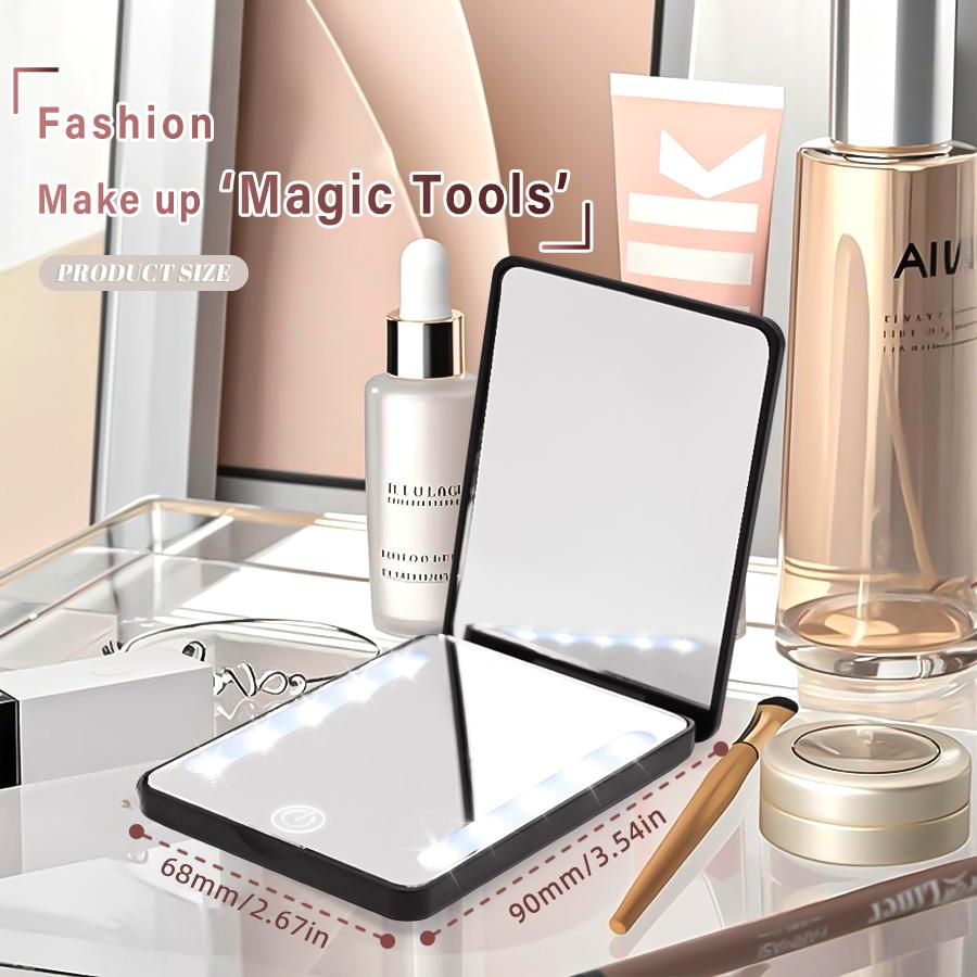 LED Pocket Mirror with 3X Magnification with Eyebrow Tweezers Mini Ultra, 3 colors Lights Touch Dimmable Compact Cosmetic Mirror