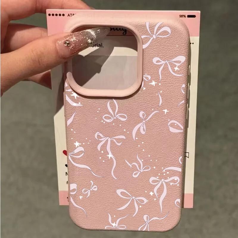 Cute Pink Star Bow Lichee leather pattern Phone Case For Samsung S25 S24 S23 S22 S21 S20 S10 Plus FE Ultra 4G 5G Shockproof