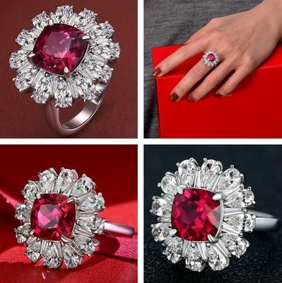 New Deluxe Floral Red Cubic Zirconia Ring Women 'S Shiny Finger Accessories Anniversary Party Gift Premium Women 'S Jewelry