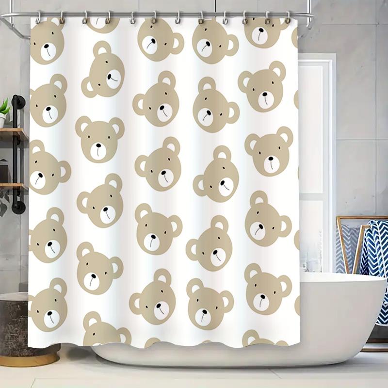 

Teddy Bear Print Shower Curtain Waterproof Bath Decor Home Decoration Bathroom Liner Tails With Rings Neutral Color Set (White W60H190(CM)-1 Pcs