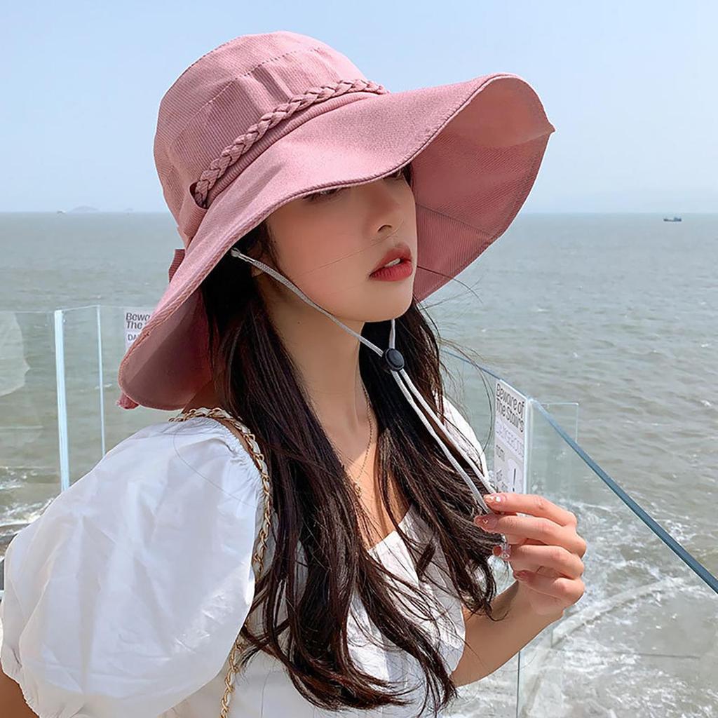 Summer Braided Bowknot Fishermen Hat for Women Wide Brim Fordable Sunshade Lace-up Bucket Cap Korean Girl Lady Travel Visor Hats