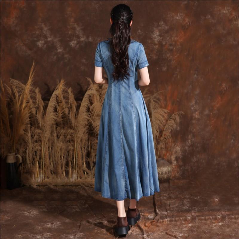 Johnature Summer Woman Chinese Style Single Breasted Cheongsam Dress Disc Buckle Vintage Embroidery Cowboy Dress