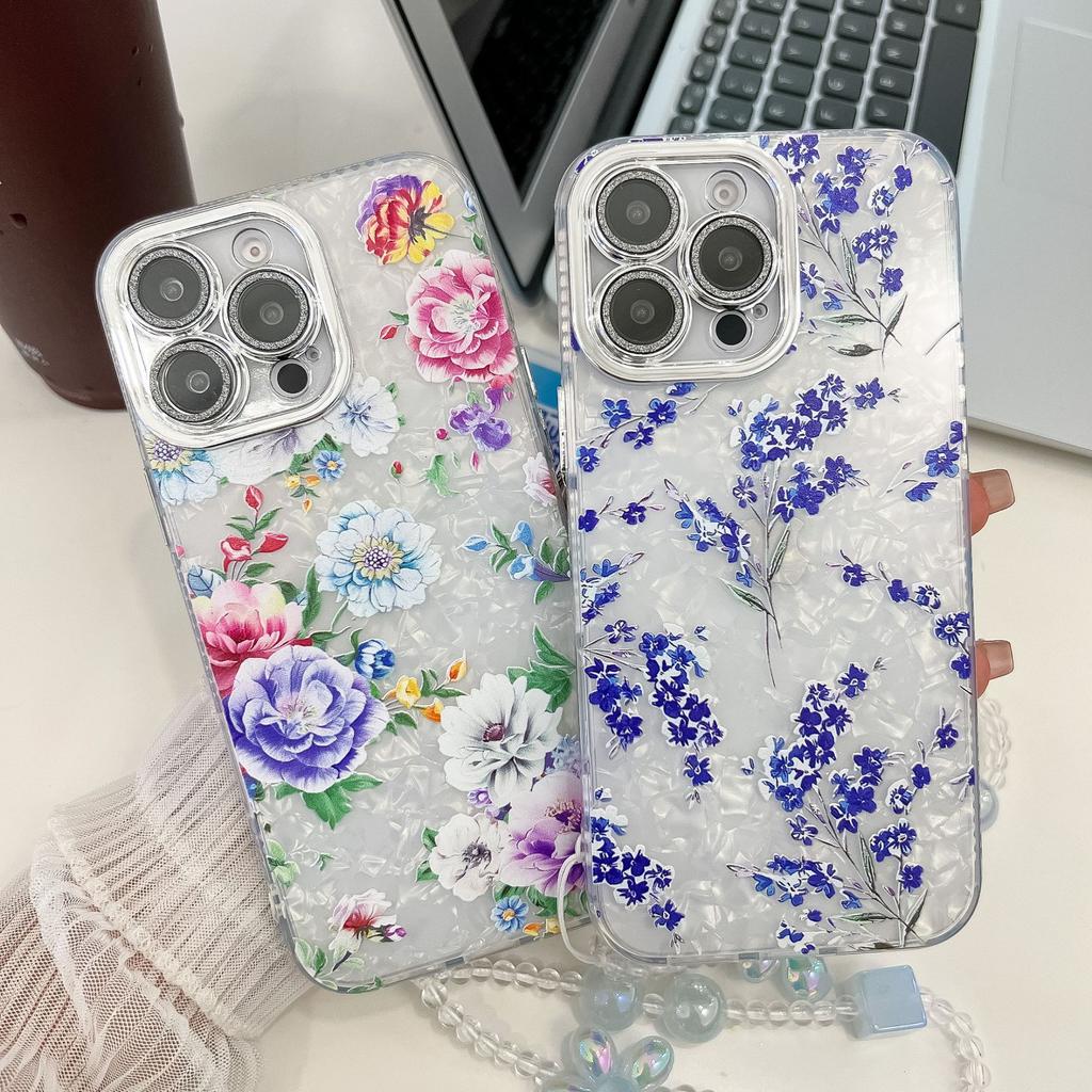 For Apple 16E Flower Phone Case for IPhone 15 Promax with Bracelet Sparkling Pink Lens Film Hard Case