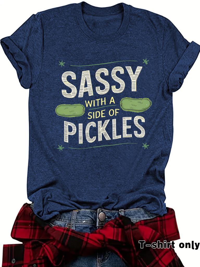 Women's Summer Round Neck Short Sleeve T-shirt Playful Cucumber Pattern Print Comfort T-shirt