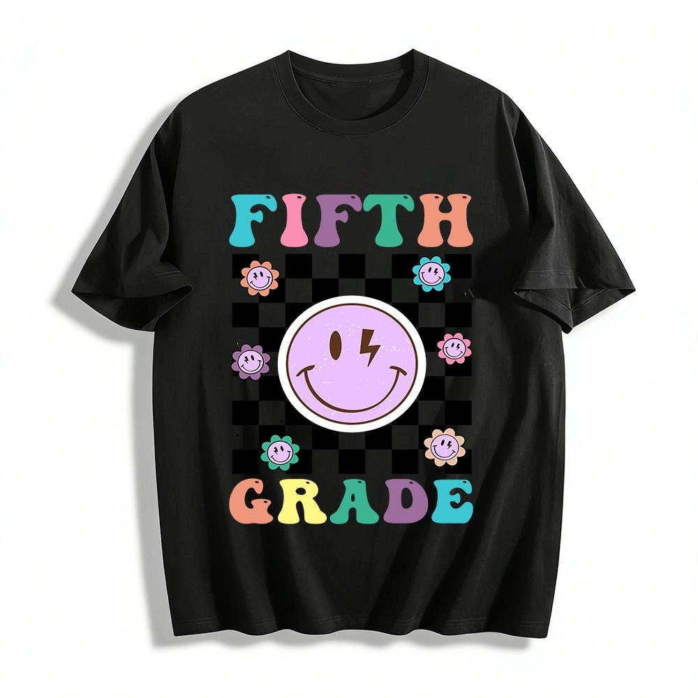 

Fifth Grade Checkerboard Smiley Face Print Kids Top Pure cotton T-shirt XXS