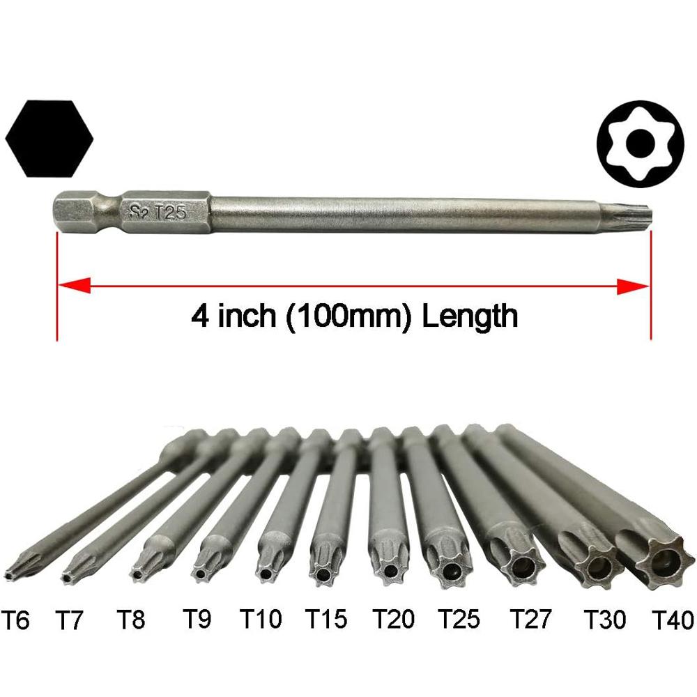 11PCS Torx Head Screwdriver Bit Set Magnetic 1/4" Hex Shank S2 Steel 3 Inch Long Drill Bits Security Torx Bits T6-T40 50/100mm