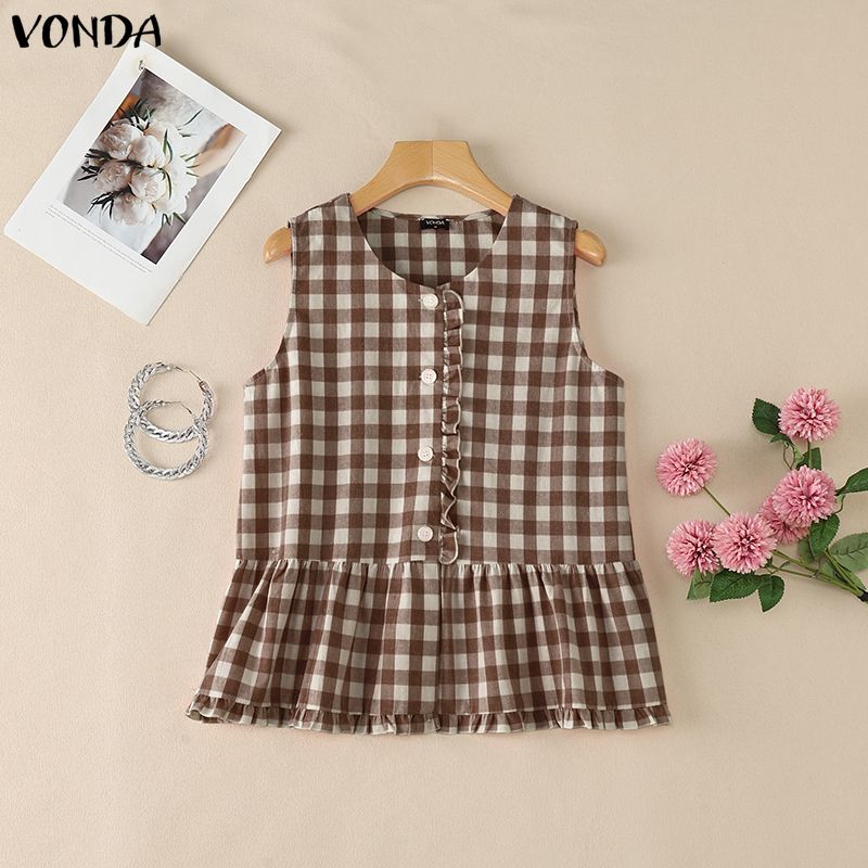 VONDA Summer Women Casual Round Neck Sleeveless Plaid Print Tank Tops