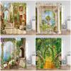 European Style Arch Architecture Shower Curtains Green Vine Peacock Elegant Bathroom Decor Roman Column Vintage Art Bath Curtain
