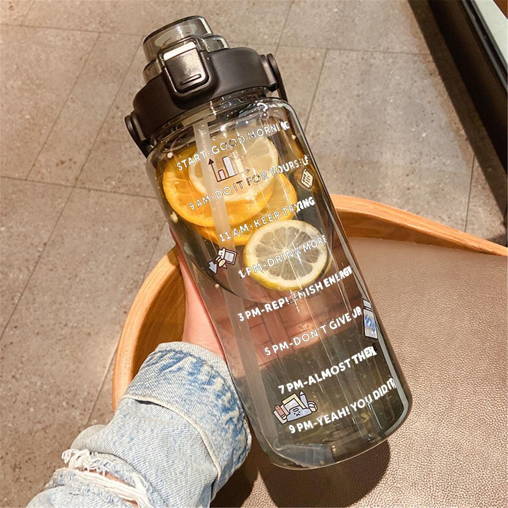 2L Sports Straw Water Bottle With Stickers Portable Large Capacity Fitness Bike Cup Summer Ice Cold Water Jug With Time