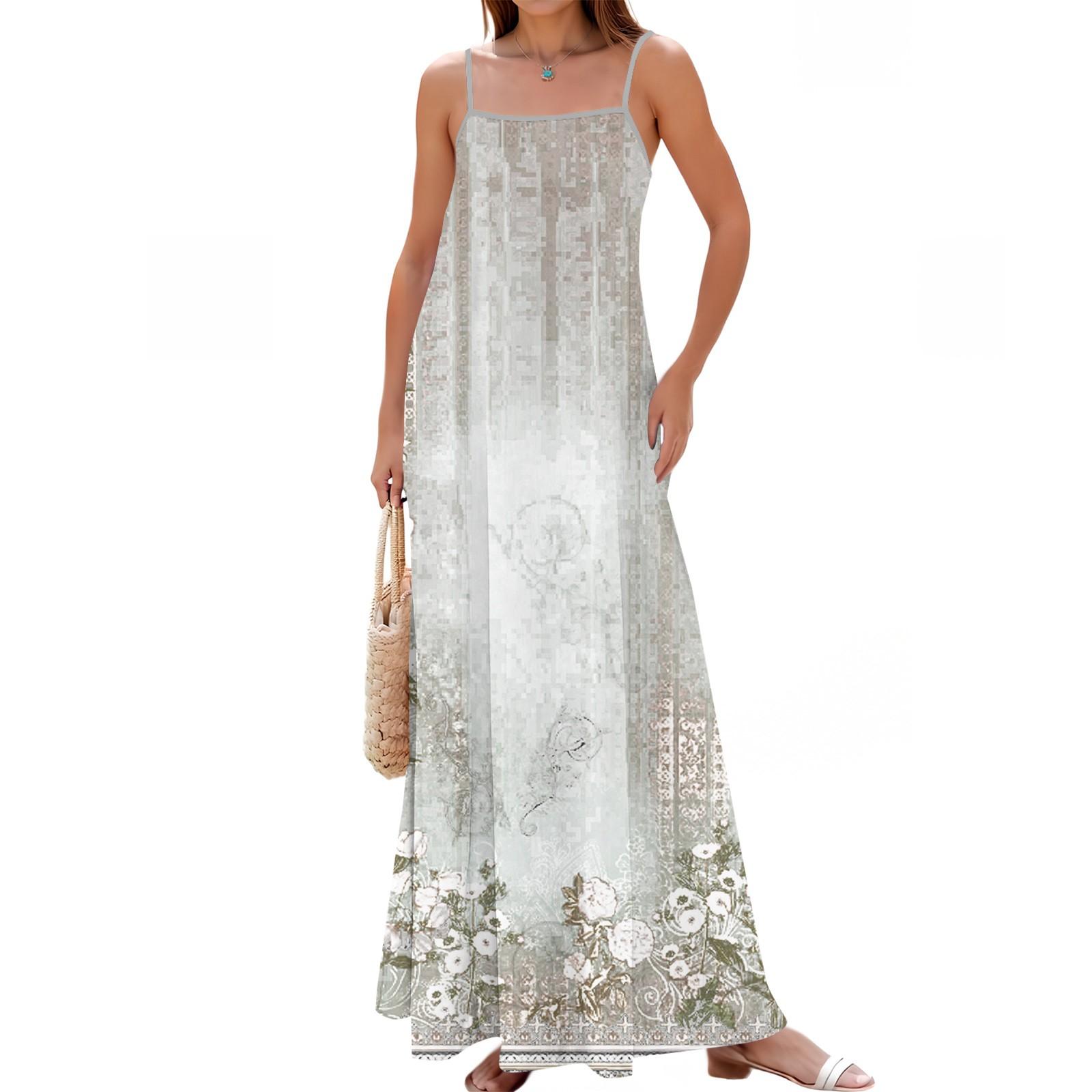 

Женское весенне-летнее повседневное модное длинное платье с регулируемыми подтяжками и принтом L светло-серый