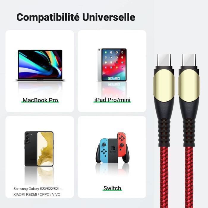 Chargeur et câble - BOOLING - 25W - USB-C 1M - Nylon Rouge - Compatible iPhone 17/16/15
