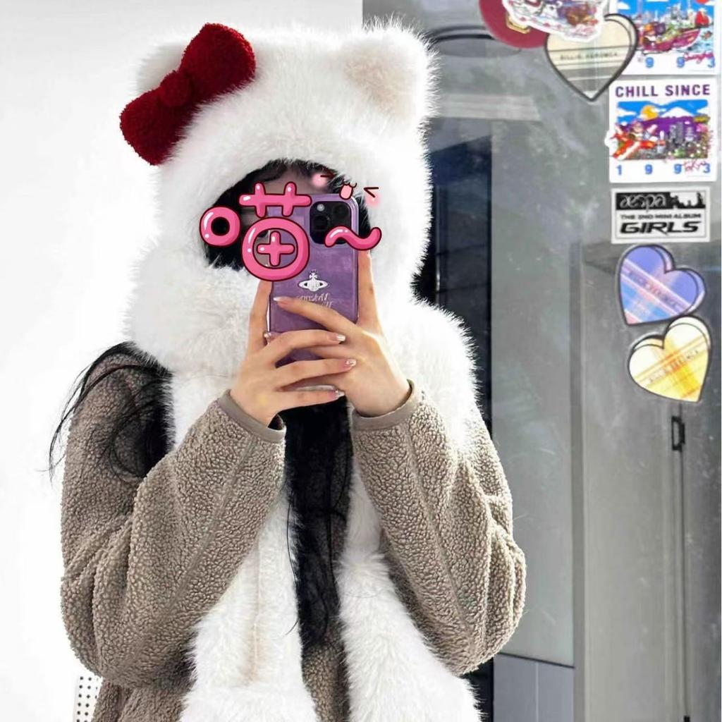 Sfhallokitty Bow Hat Warm Plush Autumn And Winter Student Girl Kitty Cat