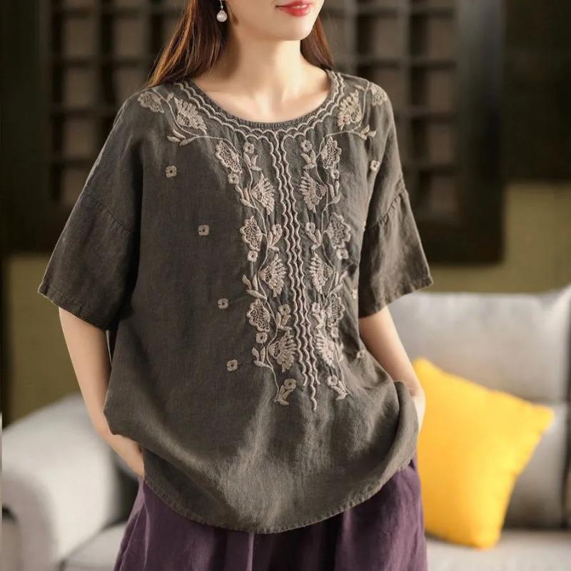 Heavy Embroidery Cotton and Linen Literary Loose Retro Temperament Round Neck Short-sleeved T-shirt Embroidered Versatile Summer New Top