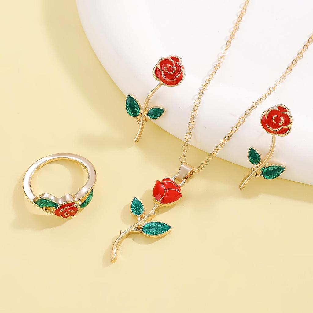 Summer Rose Jewelry Set: Women's Pendant Necklace, Earrings & Ring for Valentine's Day