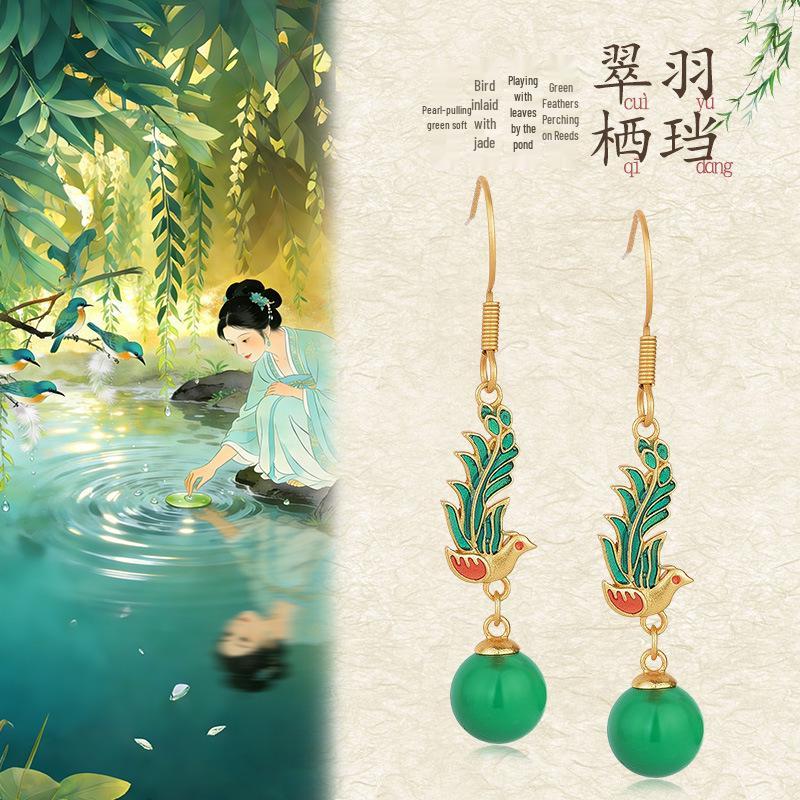 Boucles d'oreilles Clous en Argent Sterling 925 Peintes à l'Émail - Style Chinois Qipao Hanfu Crochets pour Femmes