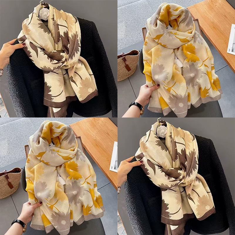 Korean Style Floral Cotton Linen Scarf, Versatile Long Thin Shawl for Women
