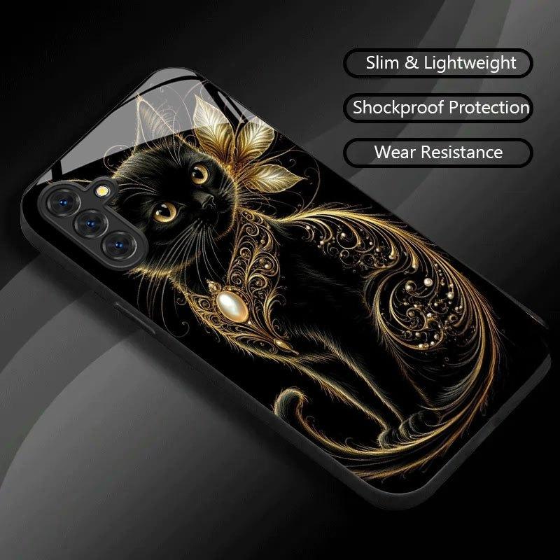 Black Gold Meow Rhyme Pattern Glass Phone Case Suitable for Samsung Galaxy S26 S25 S24 S22 S21 S20 FE/Ultra/Plus Anti Drop