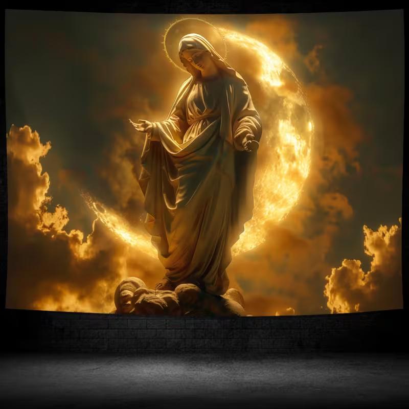 2D Blessed Mother Mary Tapestry Religious Statue with Golden Light and Moon Wall Decor Cloth for Home & Bedroom