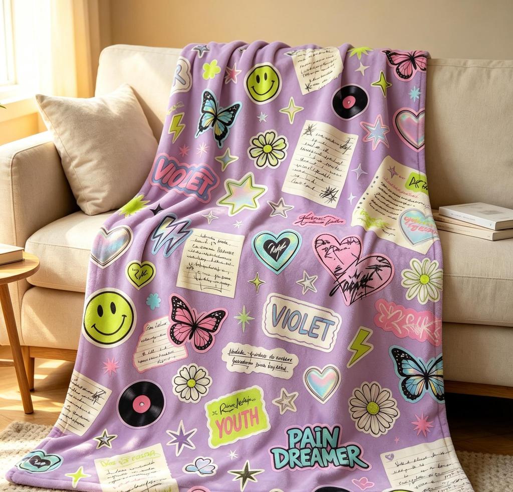 Olivia Rodrigo Blanket,Purple Y2K Sticker Flannel Throw Blanket, Retro Smile Butterfly Print