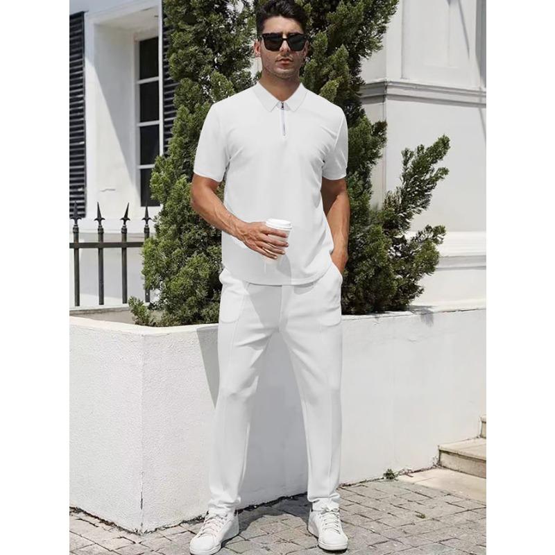 Herren Lässiges Zweiteiliges Outfit Reißverschluss Kurzarm Poloshirt und Lange Hosen Set