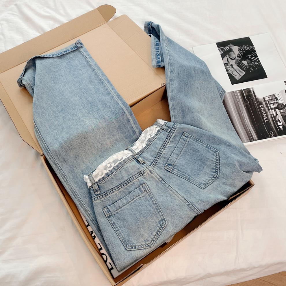 Korean Style High Waist Cuffed Denim Wide-Leg Pants with Lace Belt