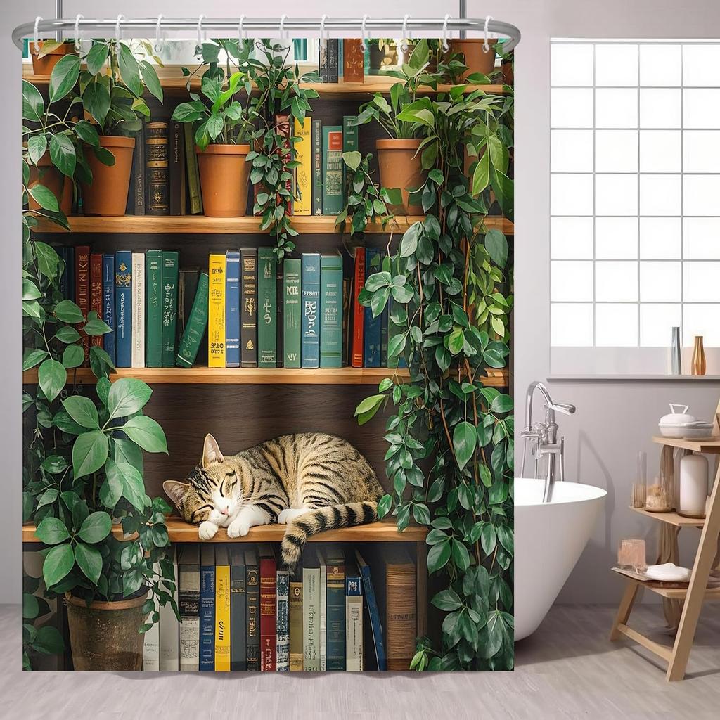 Katt Duschdraperi Biblioteksbok Kattunge på Bokhylla, Vas Blomma Boho Tyg Duschdraperier Badrumstillbehör 72x72 Tum