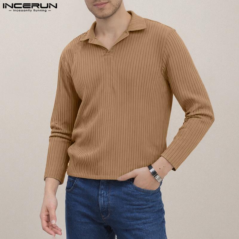 INCERUN Autumn Winter Men Lapel Neck Long Sleeve Casual Texture Rib Pullovers Tops