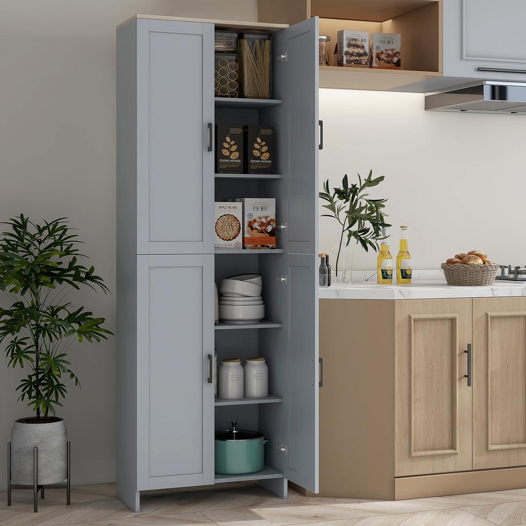Kitchen Cabinet Height 170 Cm Tall Sideboard with 4 Doors and Adjustable Shelves, Modern Design, Grey