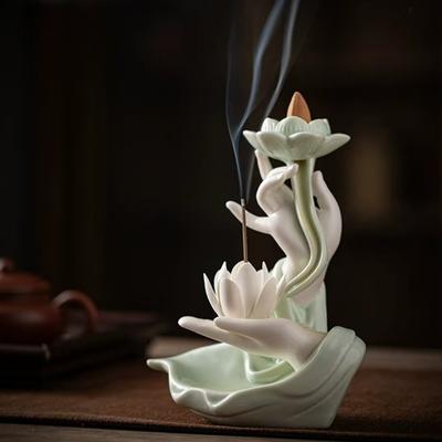 Queimador de Incenso Criativo de Cerâmica Areia Roxa Zen Budista Mão Refluxo Incensário Forma de Lótus Dragão Fogão de Incenso Decorações para Casa