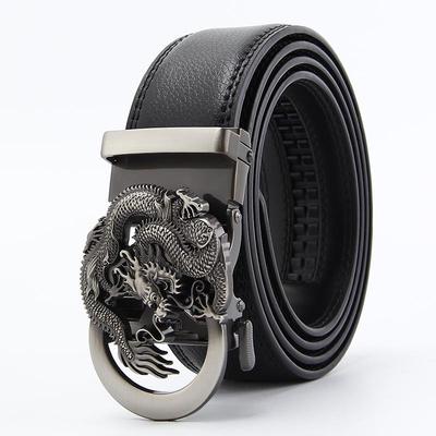 Men's Dragon-Shaped Genuine Cowhide Belt with Automatic Buckle, 14-Grain Two-Layer, Business Casual.