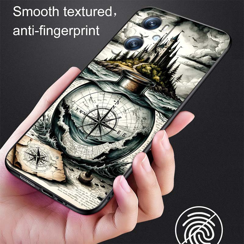 Vintage compass illustration For OPPO Reno 5 6 7 A96 A40 A58 Realme GT A74 A78 Neo2 A74 A78 Find X5 X3 X7 X8 Black Phone Case