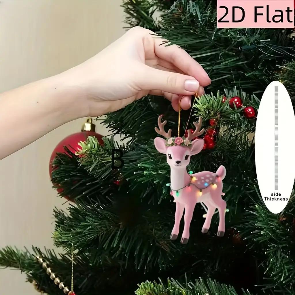 

1pc Cute Pink Deer Christmas Tree Pendant Ornament - Acrylic Flat Hanging Decoration with Twinkling-like -White Antlers