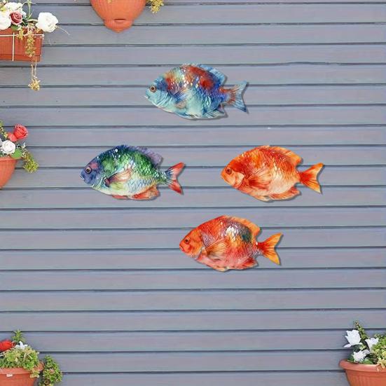 4 Pièces Décoration Murale Poisson en Bois, Art Aquarelle Animal Marin avec 4 Styles Vibrants, Ornement Maison Effet Peint à la Main pour Murs