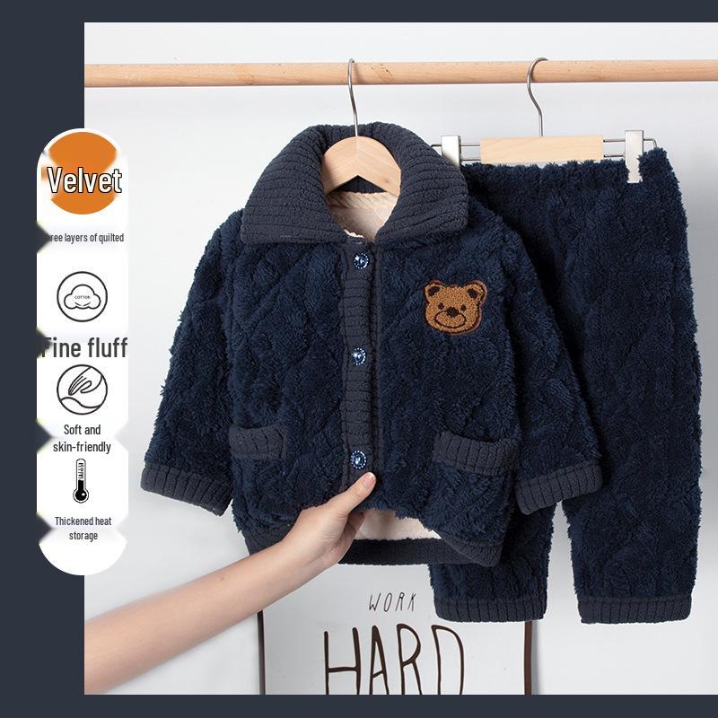 Winter Kids' Flannel Pajamas: Boys & Girls Coral Fleece, Velvet-Lined, Three-Layer Quilted Parent-Child Sleepwear