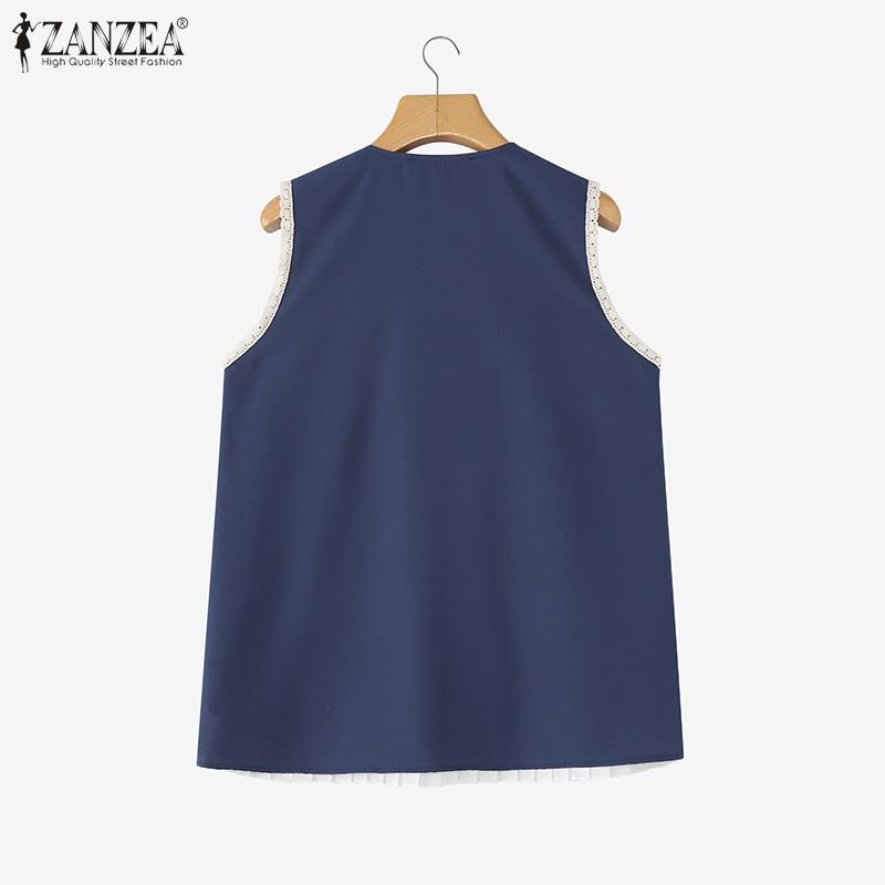 ZANZEA Women V Neck Sleeveless Fake Two-piece Buttons Up Pleated Casual Tank Tops