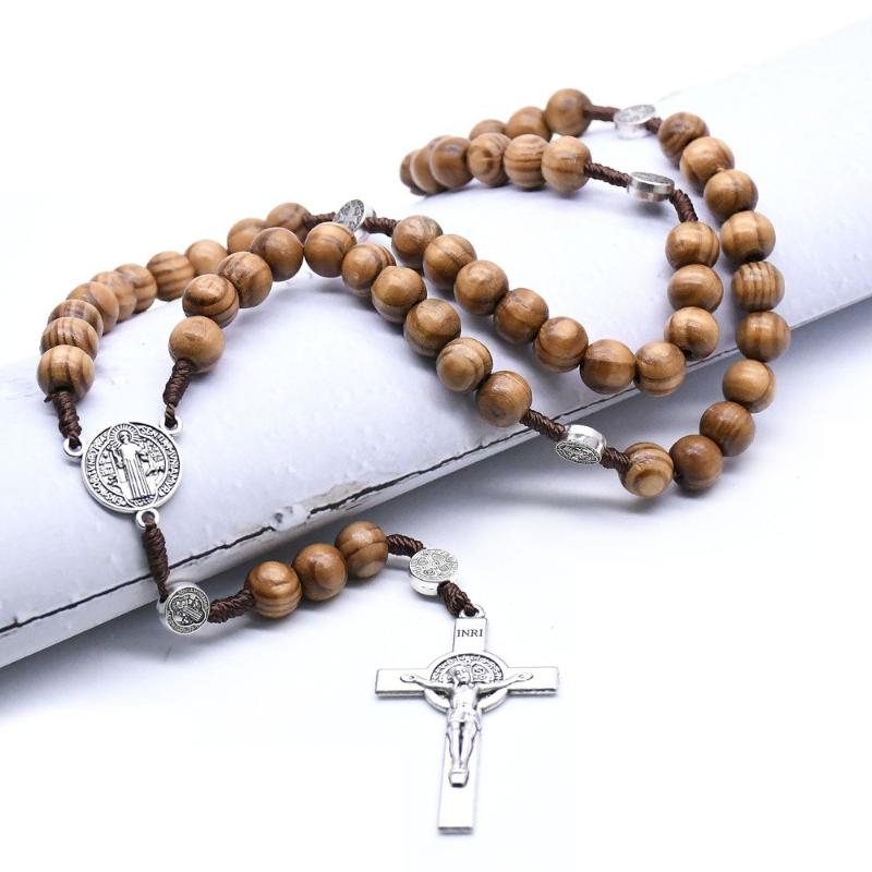 Hand-woven Exorcism Rosary Wood Beads Alloy Saint Benedict Retro Prayer Cross Car Ornament