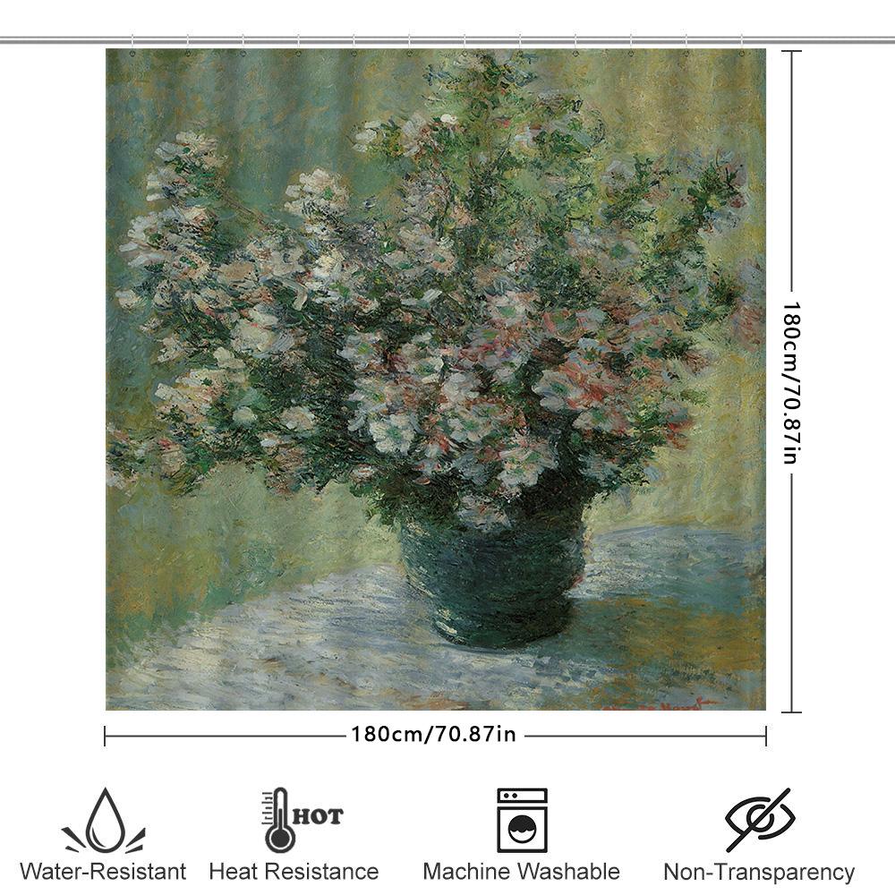 Waterproof Shower Curtains Hand-Painted Floral Design For Bathroom Decoration, Green White Color Scheme
