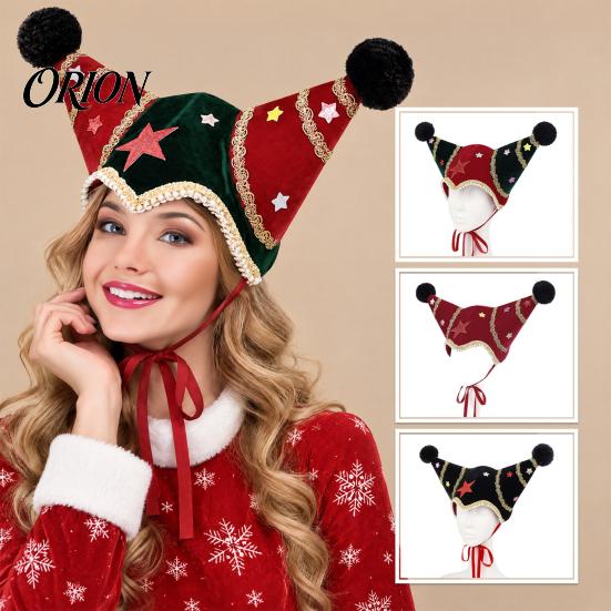 Red Green Party Costume Accessories Christmas Jester Hat, Velvet Star Clown Hat with Gold Trim Pom Creative Outfit Poms, Adjustable Tie, Cosplay