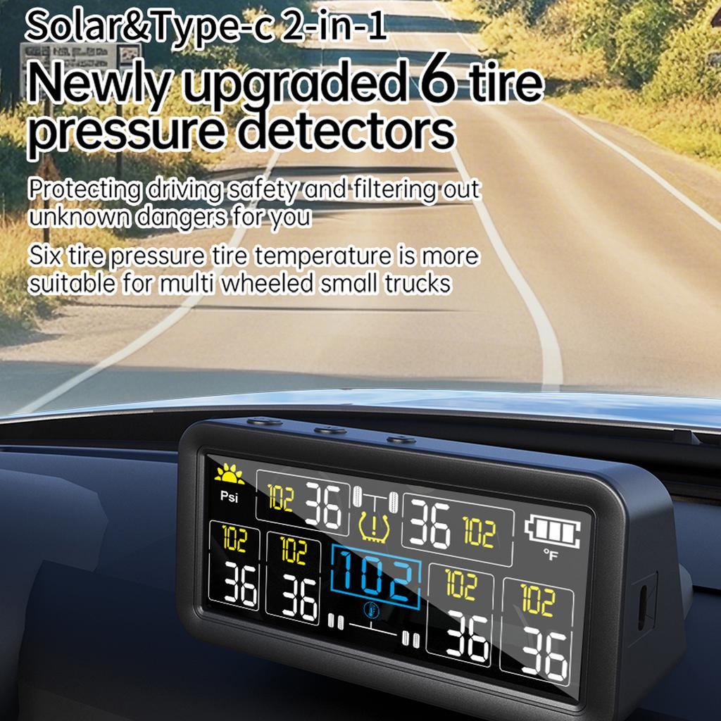 Tire Pressure Monitor with 6 External Sensors, LCD Display, Solar and Type C Charging, Auto On Off, Temperature and Low
