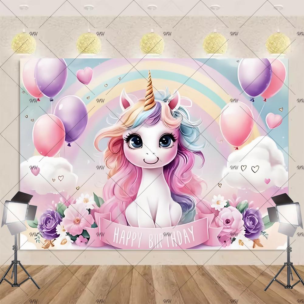 Cartoon Rainbow Unicorn Theme Princess Birthday Party Decoration Background Baby Shower Backdrop Photozone Studio Prophoot Props