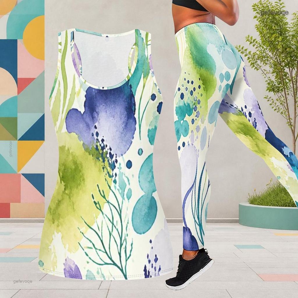 Women Plus Size Two Piece Set Scoop Neck Sleeveless Tank Top Fitted Tie Dye Printed Pants
